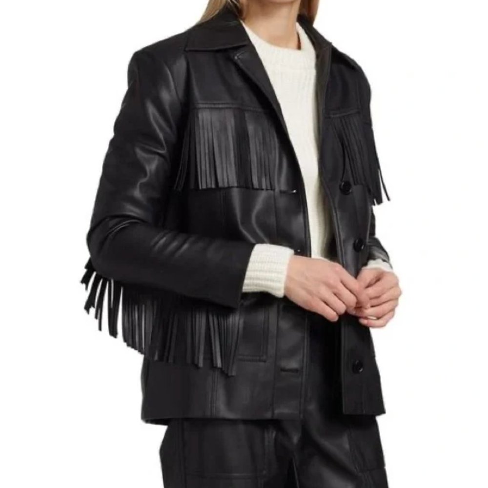 NWT Derek Lam 10 Crosby Gwenna Fringe Faux Vegan Leather Jacket in Black
